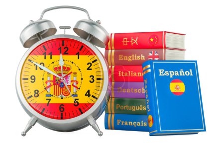 Spanish course, lessons concept. Books with alarm clock. Time to learn Spanish language, 3D rendering isolated on white background