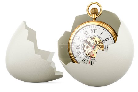 Foto de Reloj de bolsillo dentro de huevo de gallina roto, representación 3D aislada sobre fondo blanco - Imagen libre de derechos