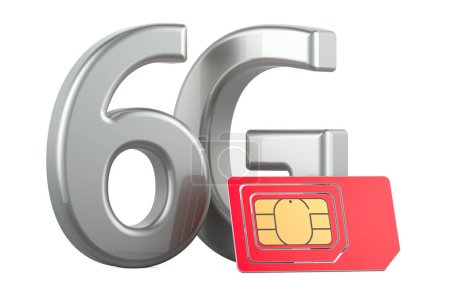 Foto de Concepto 6G, con tarjeta SIM. Representación 3D aislada sobre fondo blanco - Imagen libre de derechos