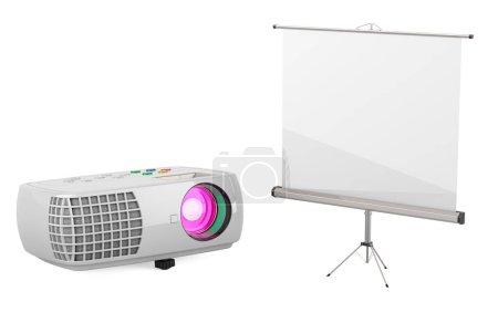 Foto de Proyector con pantalla del proyector, representación 3D aislada sobre fondo blanco - Imagen libre de derechos