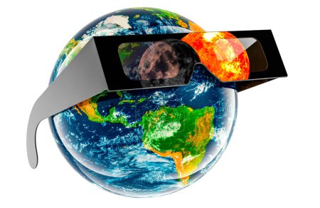Sonnenfinsternis, Konzept. Erdkugel mit Sonnenfinsternisbrille. 3D-Rendering isoliert auf weißem Hintergrund