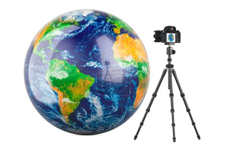 Foto de Earth Globe y Trípode con cámara digital. Representación 3D aislada sobre fondo blanco - Imagen libre de derechos