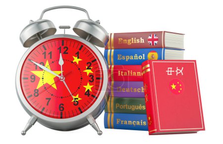 Chinese course, lessons concept. Books with alarm clock. Time to learn Chinese language, 3D rendering isolated on white background
