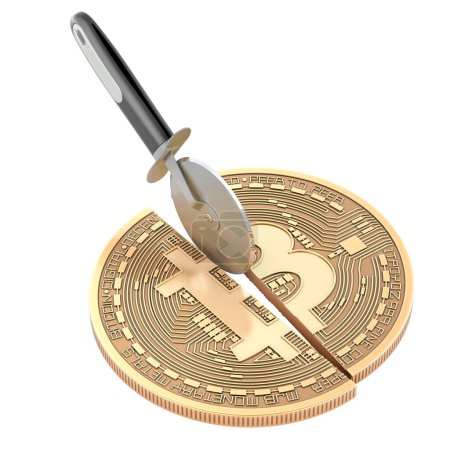 Foto de Bitcoin a la mitad, concepto. Cortador de pizza corta bitcoin por la mitad, representación 3D aislado sobre fondo blanco - Imagen libre de derechos