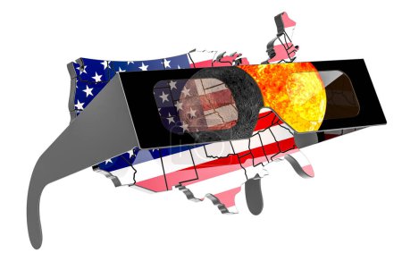 Die Karte der Vereinigten Staaten mit Sonnenfinsternisbrille. Sonnenfinsternis in den USA, Konzept. 3D-Rendering isoliert auf weißem Hintergrund