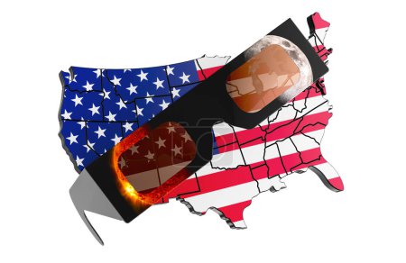 Sonnenfinsternis in den USA, Konzept. Die Karte der Vereinigten Staaten mit Sonnenfinsternisbrille. 3D-Rendering isoliert auf weißem Hintergrund