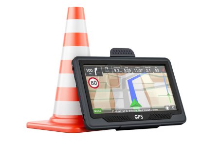 Foto de Dispositivo de navegación GPS con cono de tráfico, renderizado 3D aislado sobre fondo blanco - Imagen libre de derechos