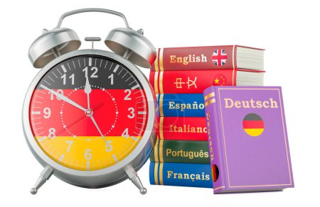 Deutschkurs, Unterrichtskonzept. Bücher mit Wecker. Zeit zum Erlernen der deutschen Sprache, 3D-Darstellung isoliert auf weißem Hintergrund