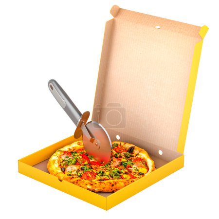 Téléchargez les photos : Boîte à pizza ouverte avec coupe pizza et pizza, rendu 3D isolé sur fond blanc - en image libre de droit