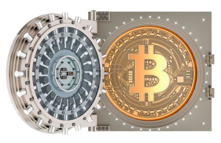 Foto de Bitcoin dentro de la bóveda de banco abierto, 3D renderizado aislado sobre fondo blanco - Imagen libre de derechos