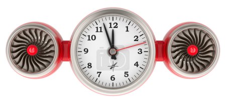 Clock with jet engines. Fast service, concept. 3D rendering isolated on white background  