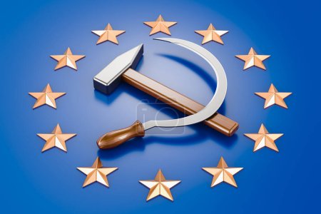 Hammer and sickle on the European Union flag, 3D rendering