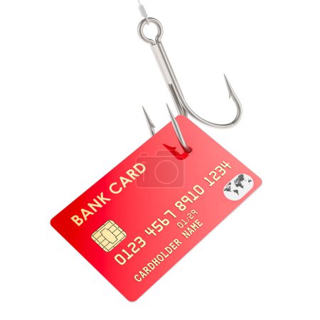 Phishing, Konzept. Kreditkarte am Haken, 3D-Rendering isoliert auf weißem Hintergrund