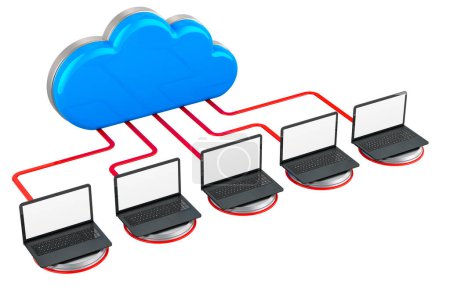 Foto de Nube de ordenadores con ordenadores portátiles. Concepto de conexión a Internet. Representación 3D aislada sobre fondo blanco - Imagen libre de derechos