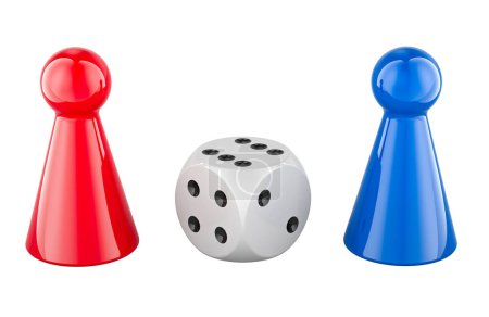 Foto de Piezas de juego de mesa rojas y azules con dados, representación 3D aislada sobre fondo blanco - Imagen libre de derechos
