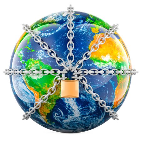 Earth Globe mit Kette und Vorhängeschloss, Sicherheitskonzept. 3D-Rendering isoliert auf weißem Hintergrund