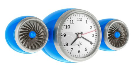 Clock with two jet engines. 3D rendering isolated on white background