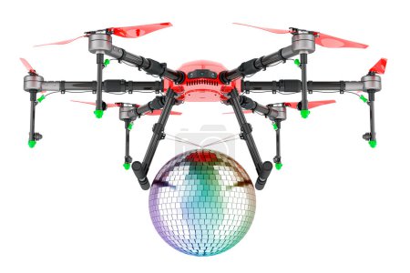 Téléchargez les photos : Drone avec boule miroir disco, rendu 3D isolé sur fond blanc - en image libre de droit