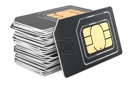 Foto de Montón de tarjetas SIM negras, representación 3D aislada sobre fondo blanco - Imagen libre de derechos