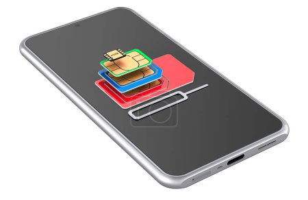 Foto de Conjunto de tarjetas SIM con smartphone, renderizado 3D aislado sobre fondo blanco - Imagen libre de derechos