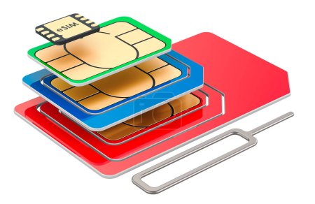Foto de Diferentes tarjetas SIM con pasador de expulsión para teléfono móvil, renderizado 3D aislado sobre fondo blanco - Imagen libre de derechos