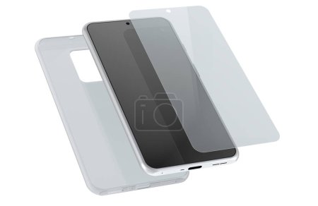 Smartphone with silicone transparent plastic case and glass screen protector, 3D rendering isolated on white background