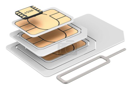 Foto de Montón de tarjetas SIM con pasador de expulsión para teléfono móvil, renderizado 3D aislado sobre fondo blanco - Imagen libre de derechos