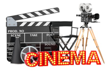 Photo for Cinema concept. Movie camera, film reels, chair, megaphone and clapperboard with cinema signboard from golden light bulb letters. 3D rendering isolated on white background - Royalty Free Image