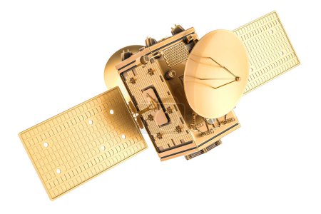 Golden Satellite, 3D-Darstellung isoliert auf weißem Hintergrund