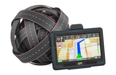 Straßenverknoten mit GPS-Navigationsgerät. 3D-Rendering isoliert auf weißem Hintergrund