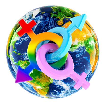 Earth Globe with gender symbols, 3D rendering isolated on white background