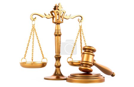 Golden Wooden Gavel und Scales of Justice, 3D-Darstellung isoliert auf weißem Hintergrund