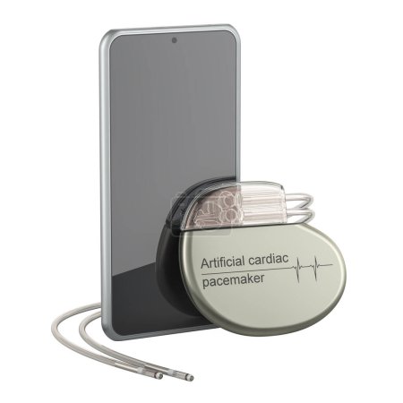 Artificial cardiac pacemaker with smartphone, 3D rendering isolated on white background