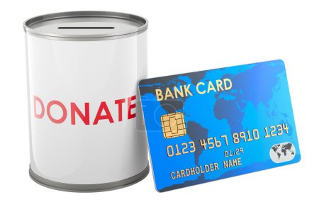 Spendendose mit Kreditkarte, 3D-Rendering isoliert auf weißem Hintergrund