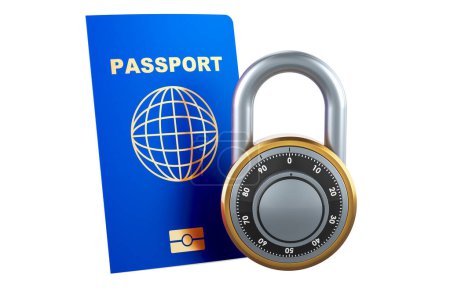 Téléchargez les photos : Passeport biométrique, passeport international avec cadenas. rendu 3D isolé sur fond blanc - en image libre de droit
