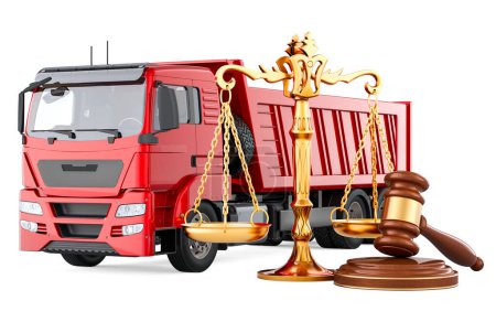 Téléchargez les photos : Camion à benne basculante avec marteau en bois et balances de justice. rendu 3D isolé sur fond blanc - en image libre de droit