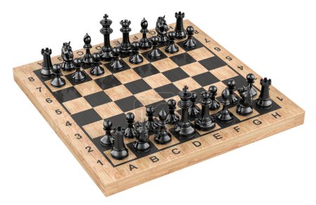 Schach, schwarze Figuren gegen schwarze. Interner Konflikt oder Bürgerkrieg, Konzept. 3D-Rendering isoliert auf weißem Hintergrund