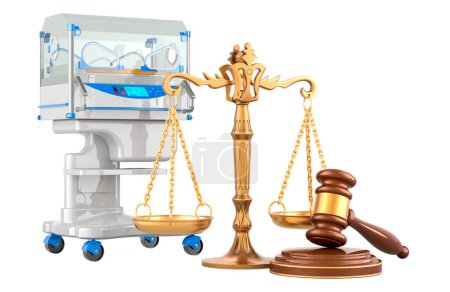 Neonatal incubator with Wooden Gavel and Scales of Justice. 3D rendering isolated on white background