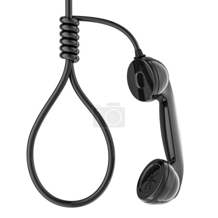 Crisis hotline, concept. Noose, hangmans knot from cable of telephone receiver. 3D rendering isolated on white background