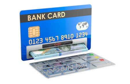 Tarjeta de crédito como cajero automático con dólares. Retirada de billetes de dólar, representación 3D aislada sobre fondo blanco