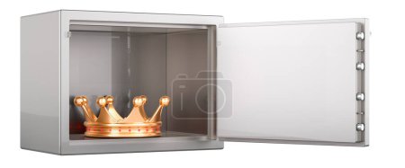 Foto de Corona dorada dentro de caja de seguridad con cerradura de combinación, representación 3D aislada sobre fondo blanco - Imagen libre de derechos