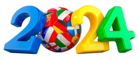 Fútbol 2024, pelota de fútbol con banderas europeas, representación 3D aislada sobre fondo blanco