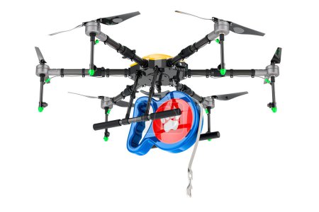Delivery drone with traction rope, 3D rendering isolated on white background