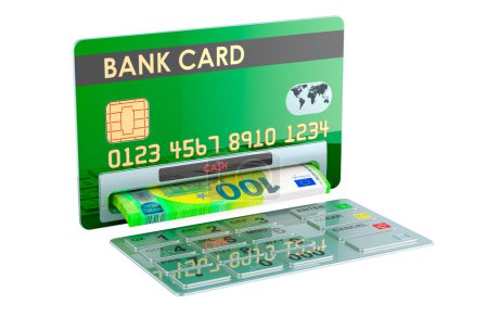 Tarjeta bancaria de crédito como cajero automático con euros. Retirada de billetes en euros, representación 3D aislada sobre fondo blanco