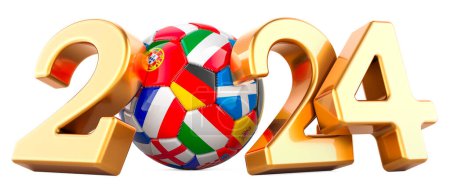 Fútbol 2024 dorado, pelota de fútbol con banderas europeas, representación 3D aislada sobre fondo blanco