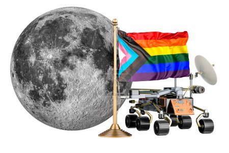 Rover planetario con bandera de la Luna y LGBTQ. Representación 3D aislada sobre fondo