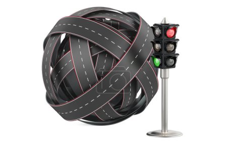 Traffic light with roads knot, 3D rendering isolated on white background