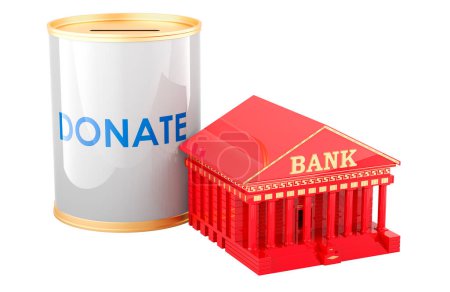 Donation can with bank building, 3D rendering isolated on white background