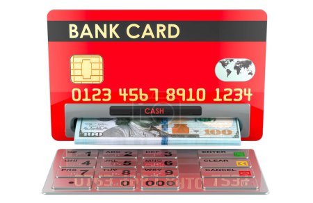 Tarjeta bancaria de crédito como cajero automático con billetes en dólares. Representación 3D aislada sobre fondo blanco