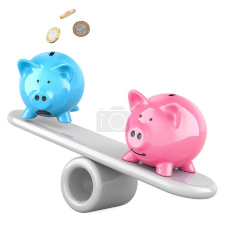 Piggy banks on imbalance seesaw, Concept of social inequality between rich and poor. 3D rendering isolated on white background